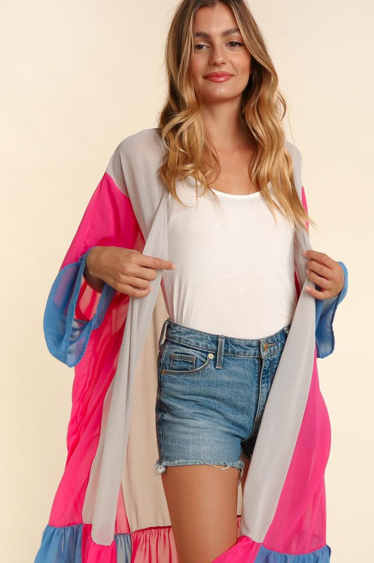 PLUS COLOR BLOCK KIMONO MAXI OPEN CARDIGAN