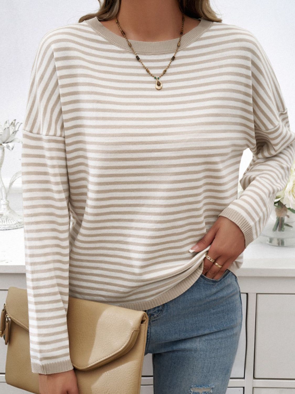 Devine Striped Round Neck Dropped Shoulder Sweater