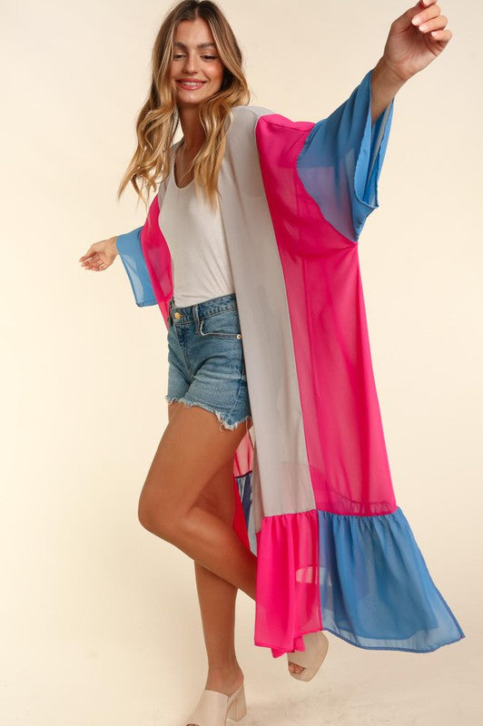 PLUS COLOR BLOCK KIMONO MAXI OPEN CARDIGAN