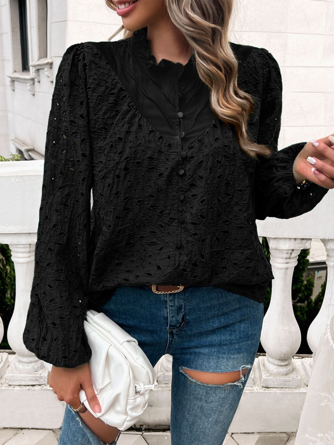 Devine Frill Round Neck Long Sleeve Shirt