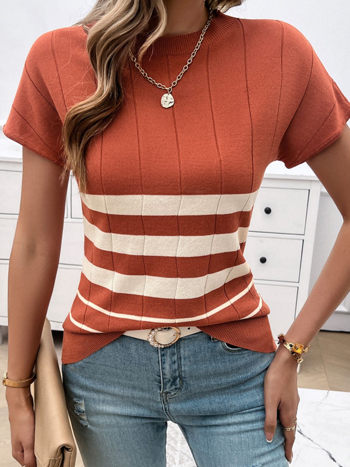 Devine Striped Round Neck Short Sleeve Knit Top