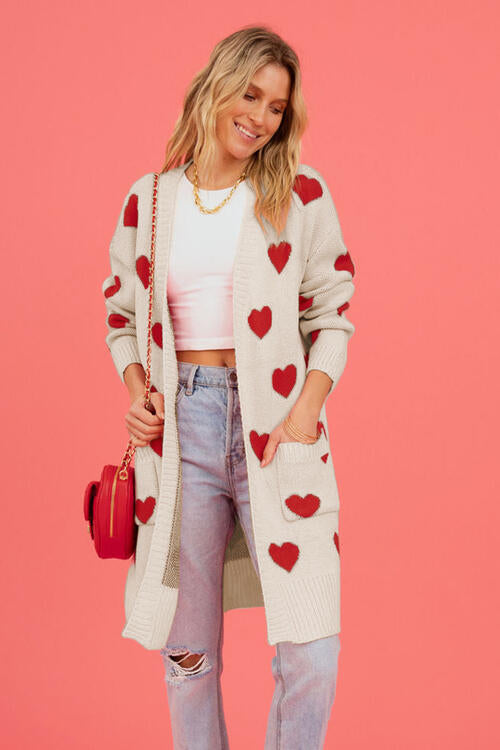 Heart Open Front Cardigan with Pockets