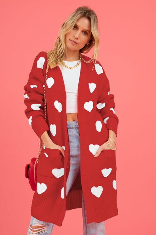 Heart Open Front Cardigan with Pockets