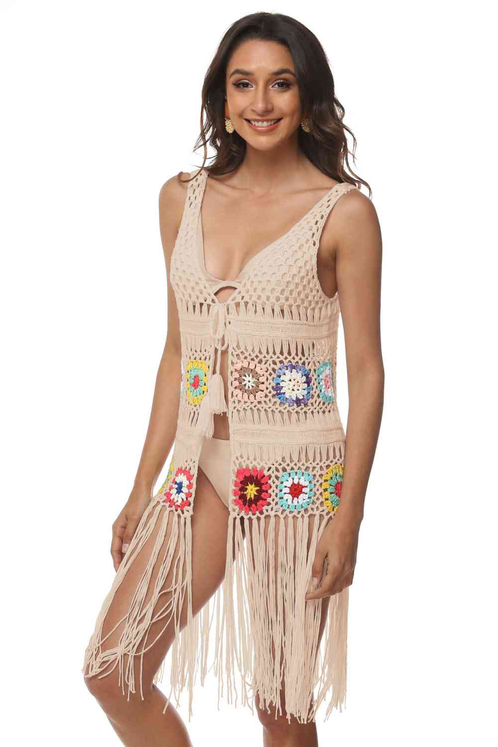 Openwork Fringe Detail Embroidery Sleeveless Cover-Up