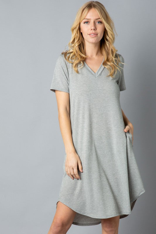 Solid Short Sleeve V Neck Midi Dress