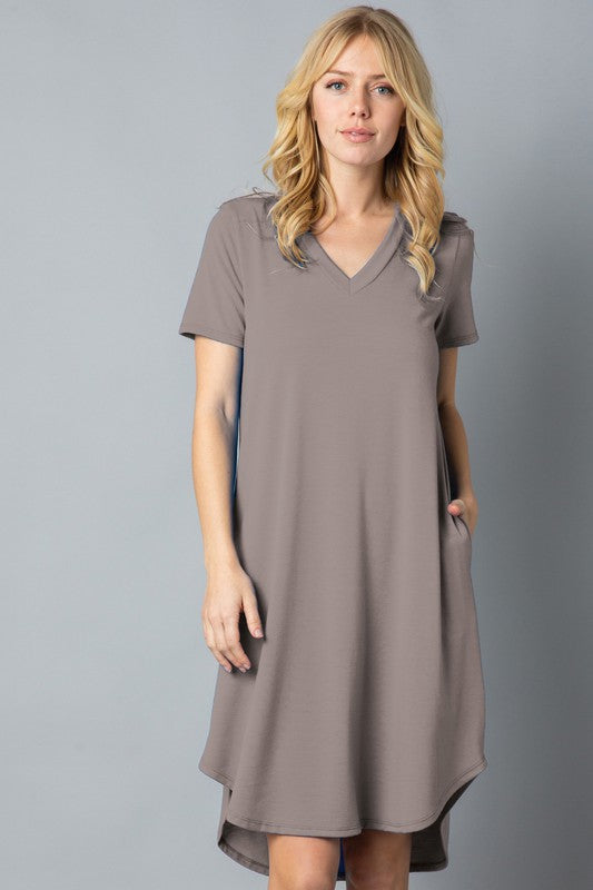 Solid Short Sleeve V Neck Midi Dress