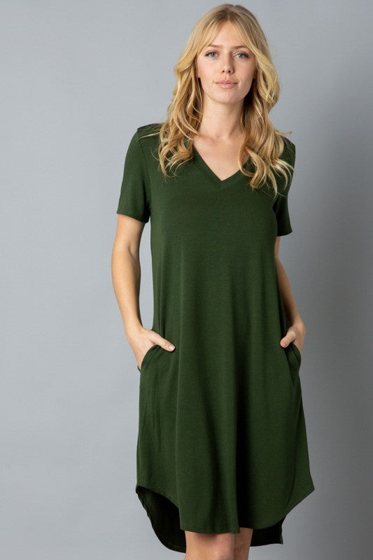 Solid Short Sleeve V Neck Midi Dress