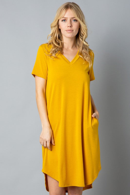 Solid Short Sleeve V Neck Midi Dress