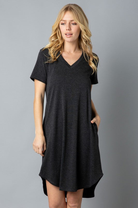 Solid Short Sleeve V Neck Midi Dress