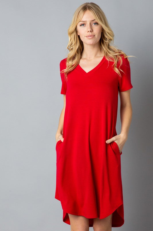 Solid Short Sleeve V Neck Midi Dress