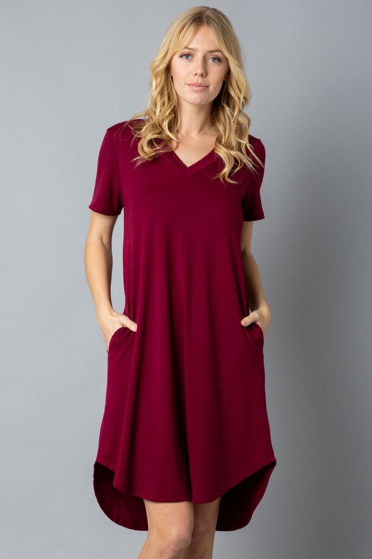 Solid Short Sleeve V Neck Midi Dress