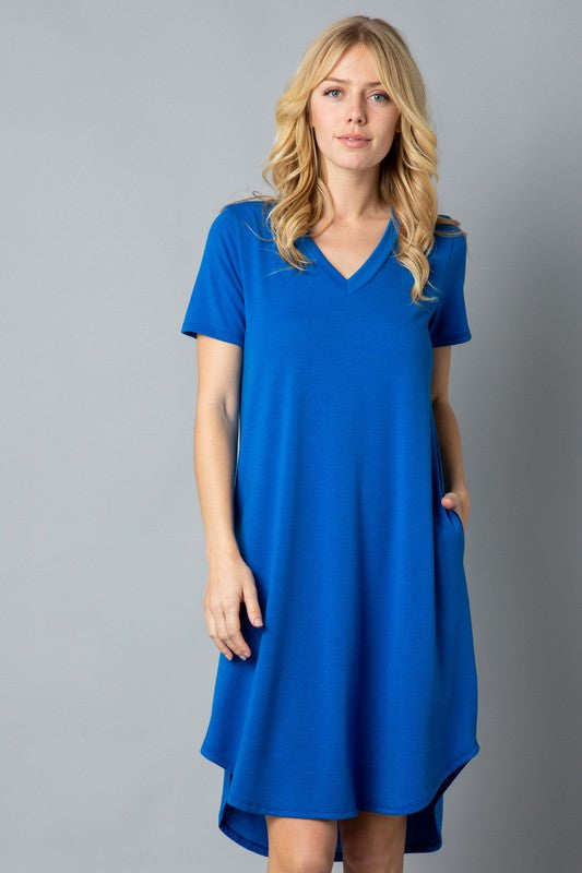 Solid Short Sleeve V Neck Midi Dress