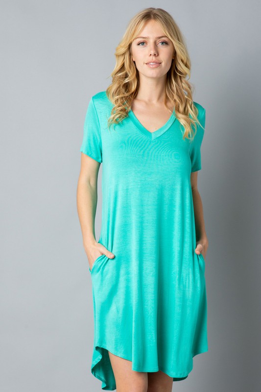 Solid Short Sleeve V Neck Midi Dress