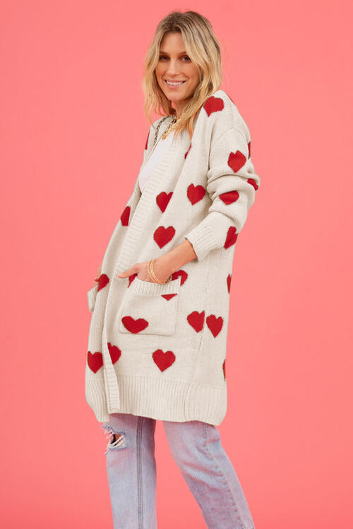 Heart Open Front Cardigan with Pockets