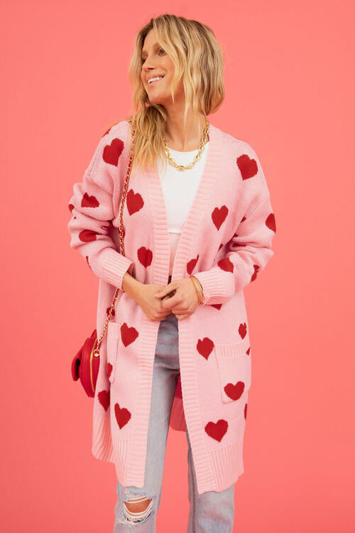 Heart Open Front Cardigan with Pockets