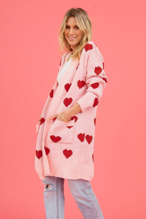 Heart Open Front Cardigan with Pockets