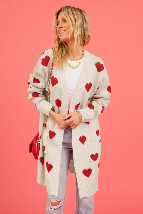 Heart Open Front Cardigan with Pockets