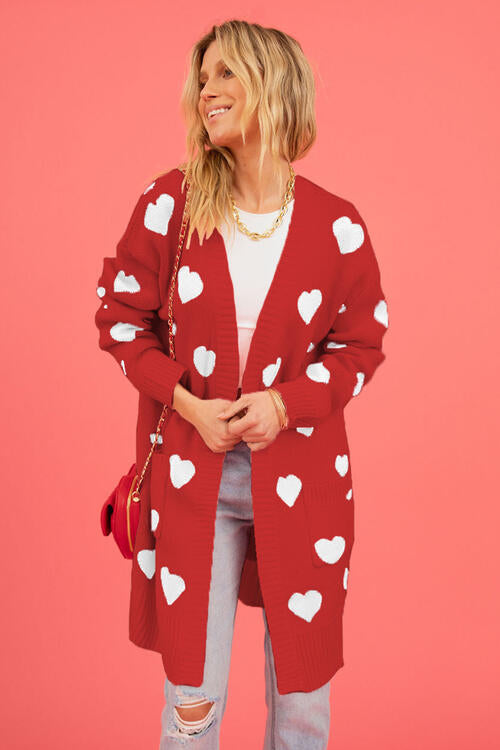 Heart Open Front Cardigan with Pockets