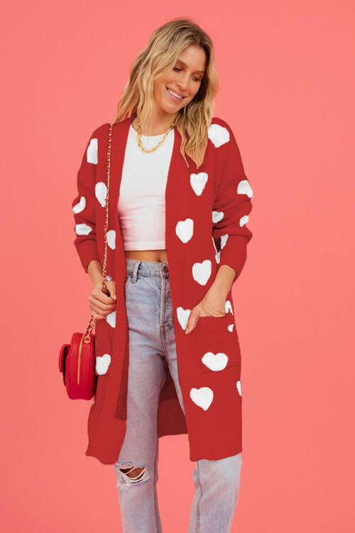 Heart Open Front Cardigan with Pockets